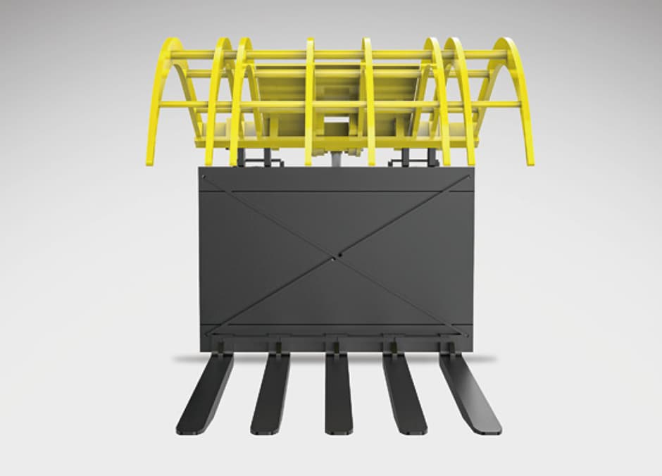Hinged forklift carriage for tipping bulk goods